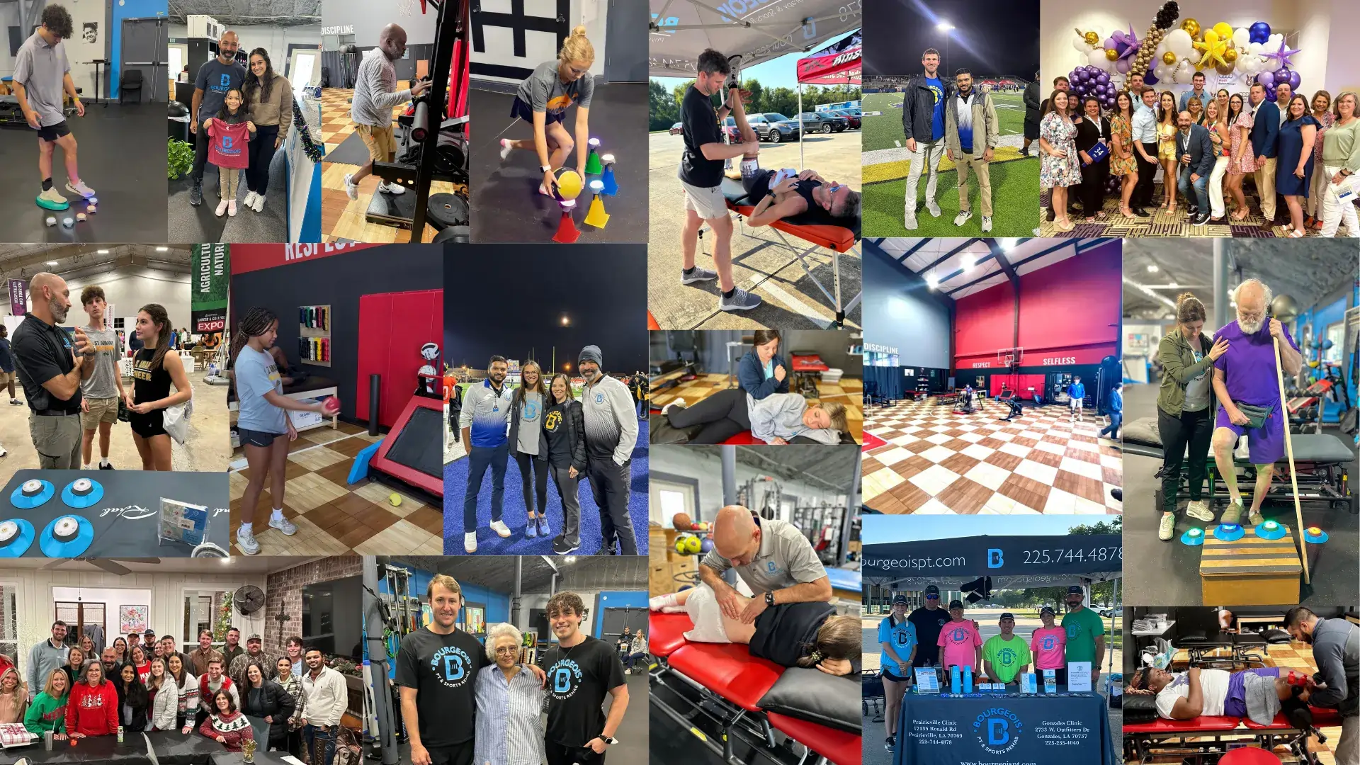 Bourgeois PT community moments — patients, athletes, staff, and local events